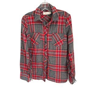 CANDLA Button Down Shirt Western Country Fringe Red Tartan Wool Blend